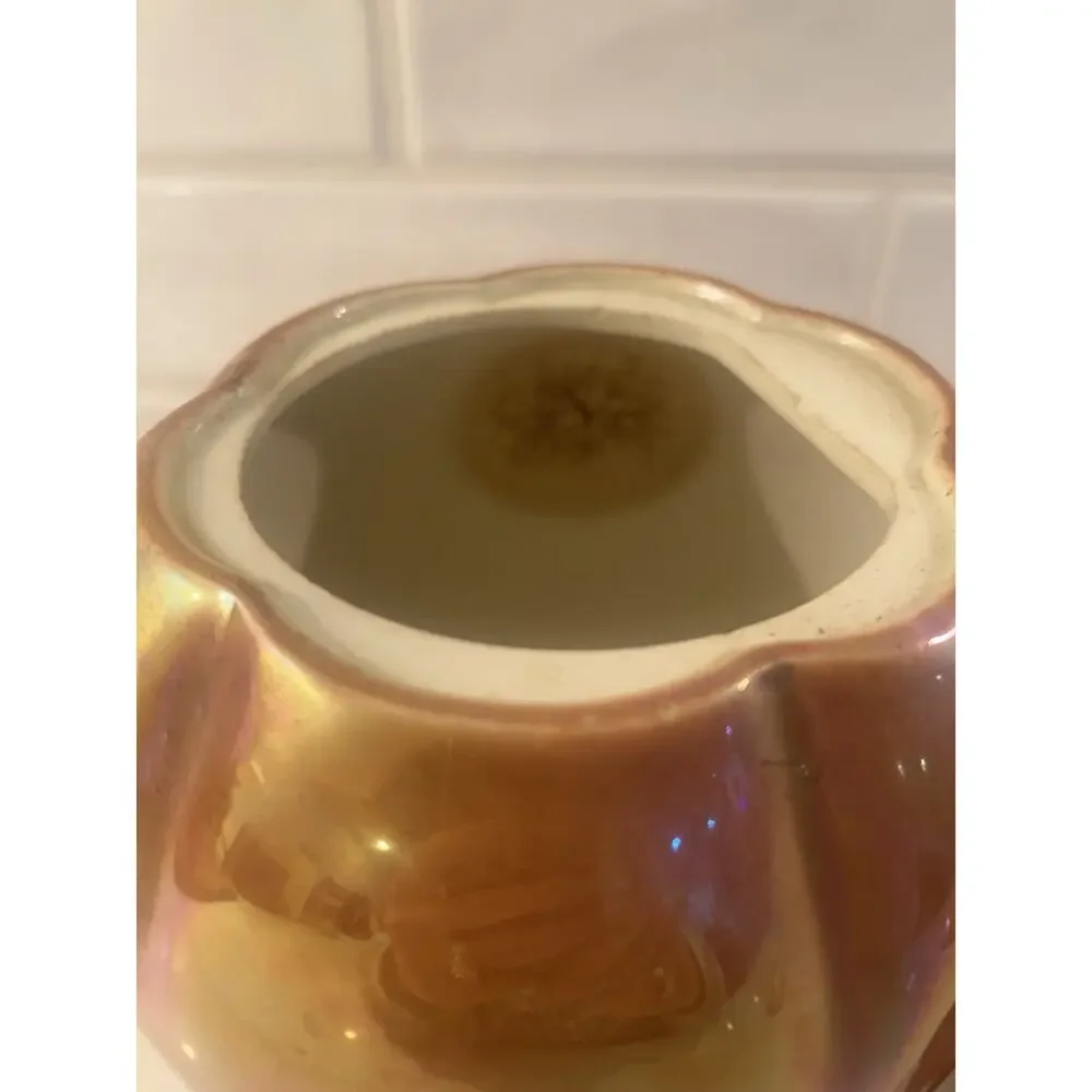Vtg Fall Pumpkin Canister Orange Lusterware Iridescent Gold Lid Stem Cookie Jar‎